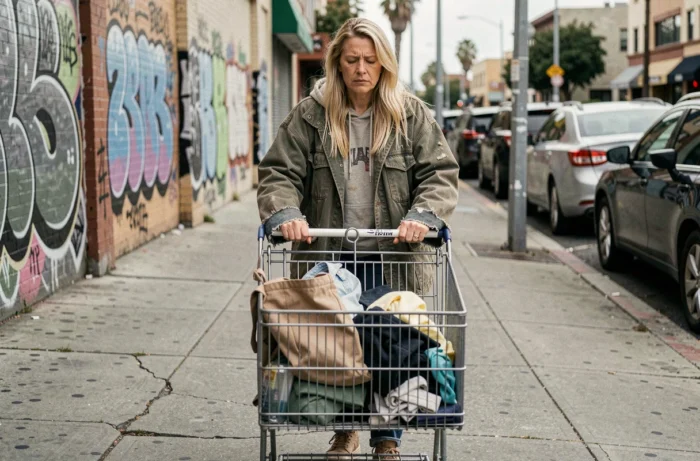 Femme sans-abri aux cheveux blonds poussant un caddie dans une rue de Los Angeles, reflet du parcours difficile de Loni Willison
