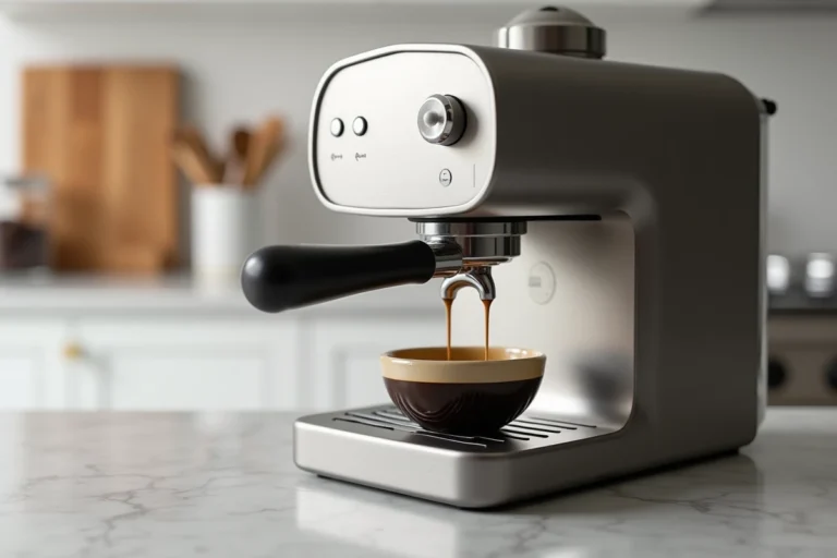 Machine à expresso en acier inoxydable sur un comptoir en marbre avec une tasse de café en cours de préparation