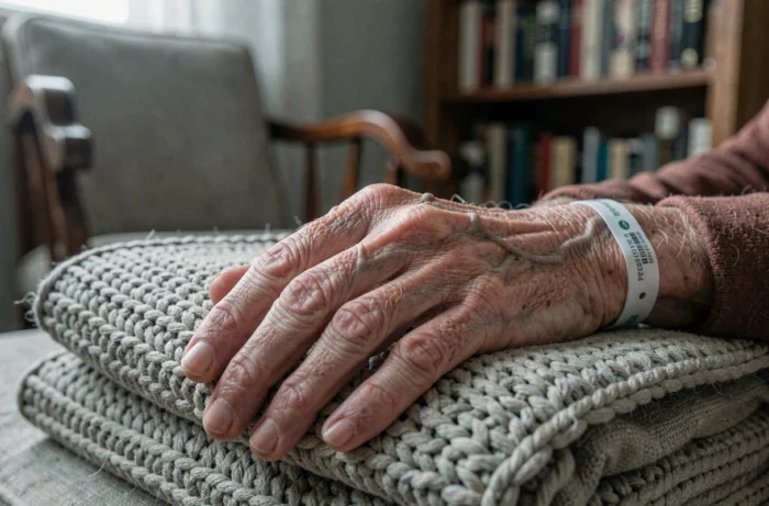 Gros plan sur les mains d'un patient âgé présentant des œdèmes liés à une insuffisance cardiaque en phase avancée
