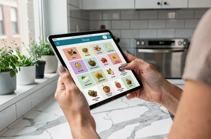 Mains féminines tenant une tablette affichant un plan de site culinaire structuré dans une cuisine contemporaine