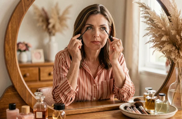 Femme d'âge mûr se maquillant devant un miroir vintage sur une coiffeuse en bois, tendances maquillage beauté au quotidien