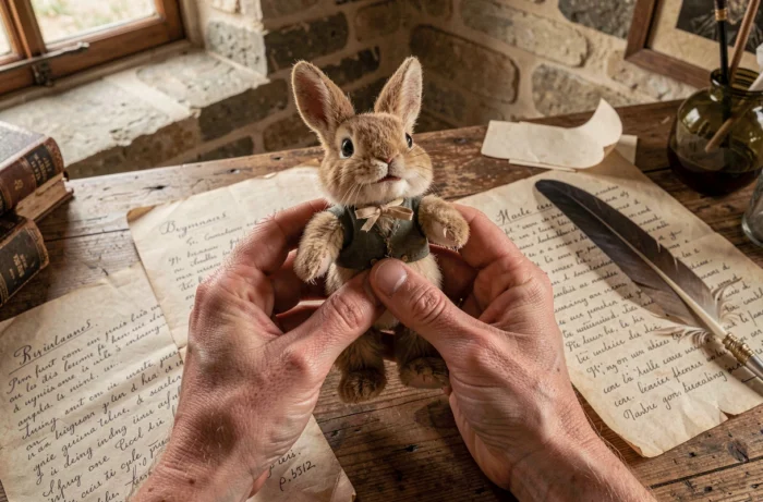 Mains tenant une marionnette en peau de lapin ancienne posée sur des notes de recherche historiques, illustrant les origines de la comptine Haut les mains peau de lapin