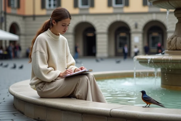 Jeune adulte non-binaire assis près d'une fontaine urbaine avec un martinet commun, animal xénogenre symbole de liberté identitaire
