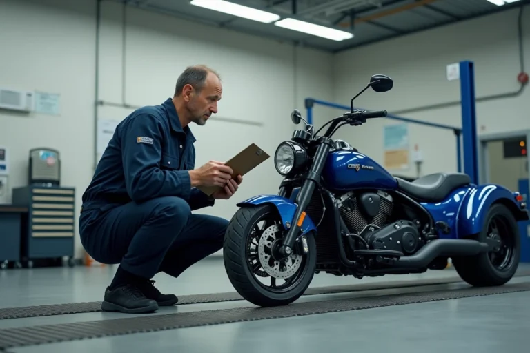 Mécanicien inspectant un trike trois roues dans un garage d'homologation officiel en France