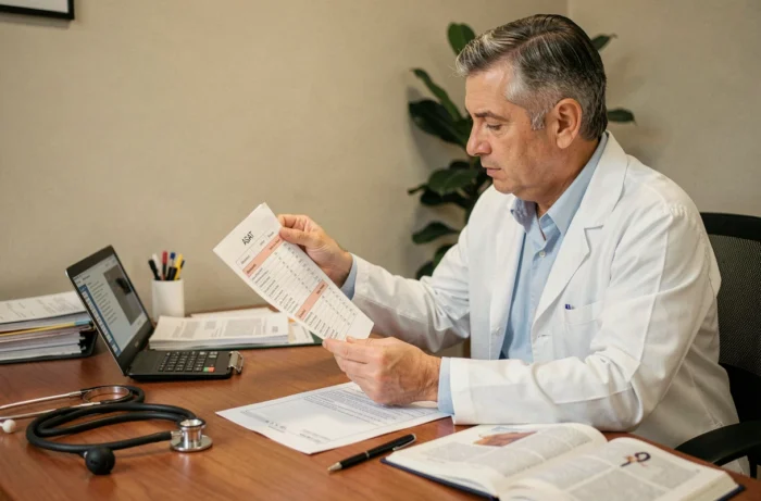 Médecin analysant un bilan sanguin complet avec les valeurs des enzymes hépatiques ASAT et ALAT