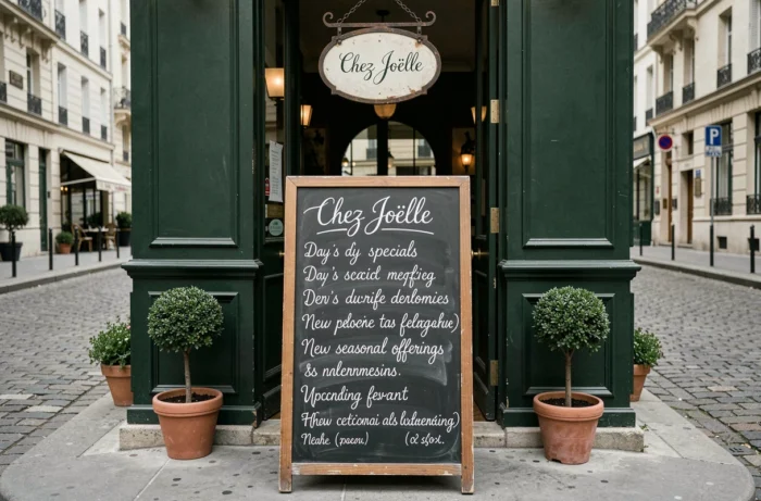 Tableau ardoise des nouveautés et événements de Chez Joëlle affiché à l'entrée d'une façade de restaurant parisien