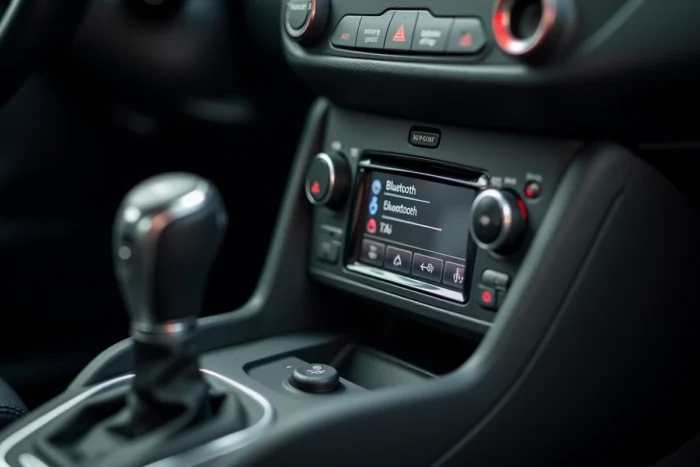 Gros plan sur l'écran du système audio d'une Renault Clio 3 affichant le menu de connexion Bluetooth