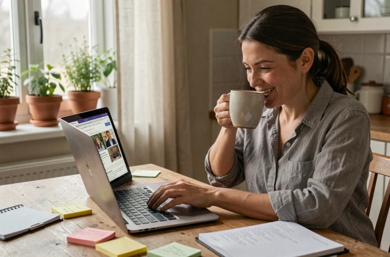 Mère de famille fatiguée mais souriante consultant un blog famille sur son ordinateur portable dans une cuisine familiale chaleureuse