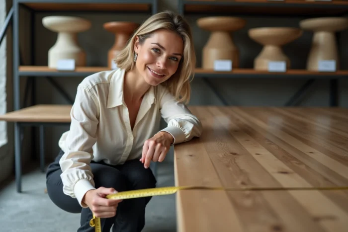 Designer d'intérieur mesurant les dimensions d'une table à manger pour 8 personnes dans un showroom de meubles