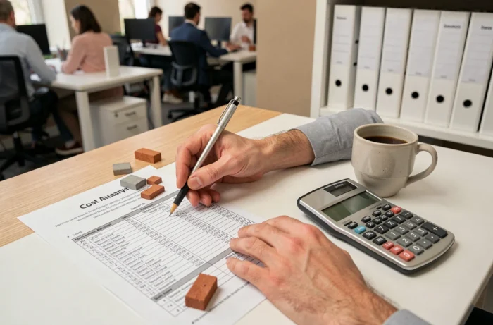 Métreur analysant des tableaux de coûts de construction et des échantillons de matériaux sur un bureau de bureau