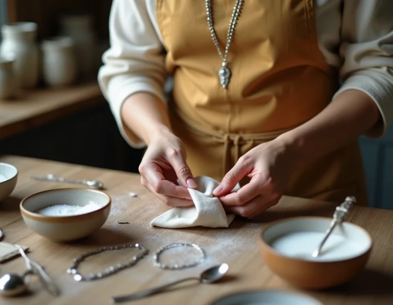 Femme qui astique un collier en argent terni avec un chiffon doux et du bicarbonate sur une table en bois, techniques de nettoyage de l'argent à la maison