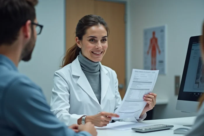 Une neurologue en consultation médicale explique à un patient les démarches pour valider l'aptitude à la conduite après un accident vasculaire cérébral