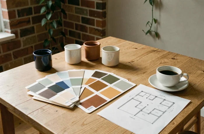 Nuanciers et échantillons de peinture posés sur une table en chêne pour choisir une palette de couleurs cohérente dans toute la maison