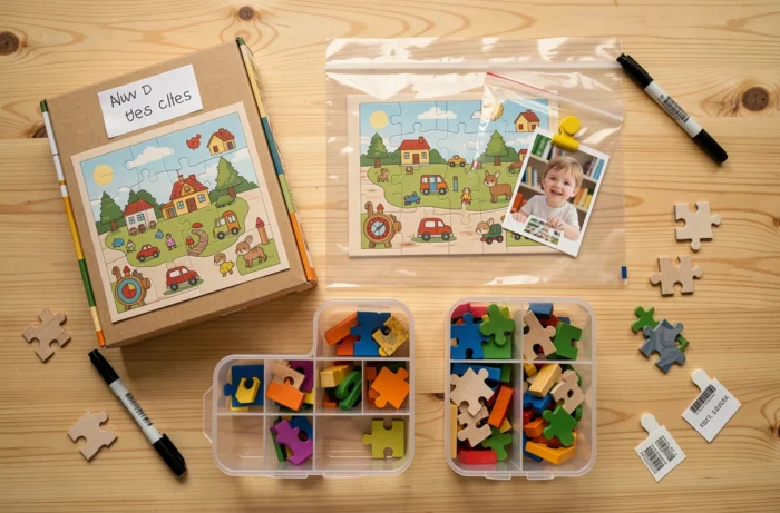 Vue de dessus d'une table organisée avec des puzzles enfants rangés dans des boîtes, sachets et compartiments étiquetés