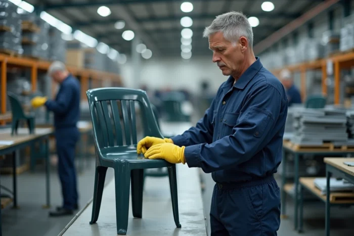 Ouvrier inspectant une chaise de jardin en résine sur une ligne de production dans une usine de fabrication de mobilier Hespéride