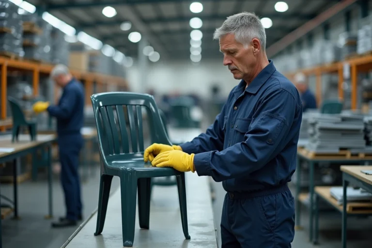 Ouvrier inspectant une chaise de jardin en résine sur une ligne de production dans une usine de fabrication de mobilier Hespéride