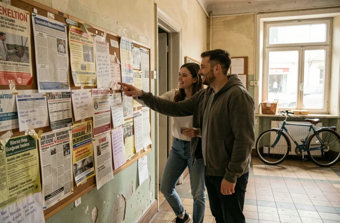 Deux personnes examinant un panneau d'affichage de petites annonces locales dans un marché de quartier