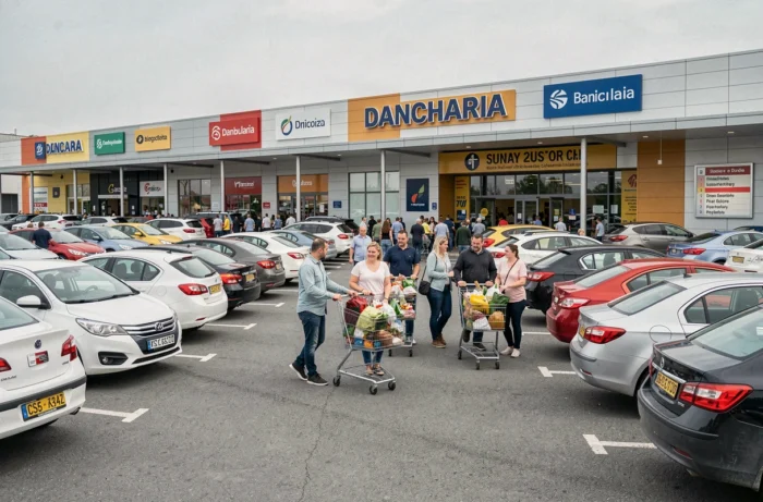 Parking animé du centre commercial de Dancharia avec clients faisant leurs courses le week-end