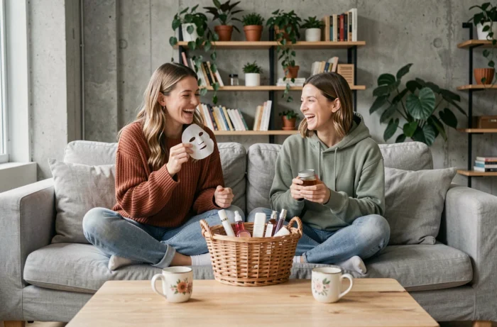 Deux amies partageant des produits de beauté et un masque facial sur un canapé, routine beauté entre amies et astuces tendances