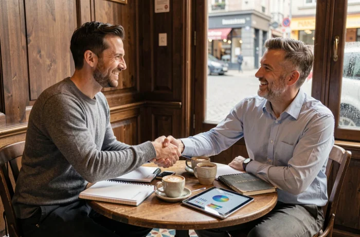Deux entrepreneurs belges concluant un partenariat commercial autour d'un café en ville
