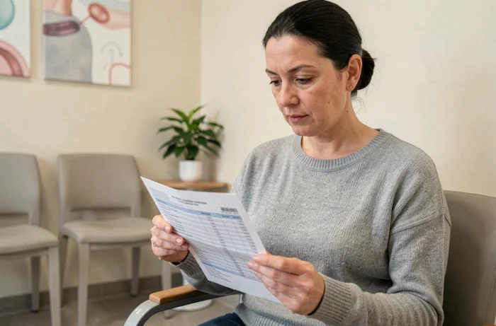 Patiente lisant ses résultats de bilan sanguin avec les taux ASAT et ALAT dans une salle d'attente médicale