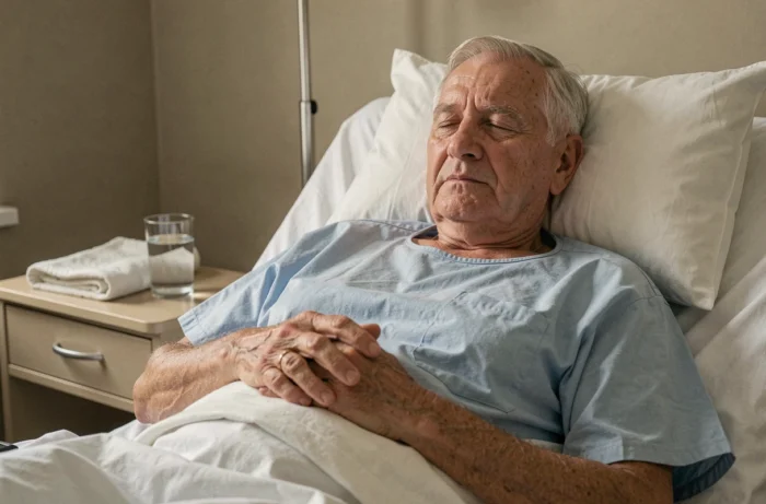 Personne âgée en fin de vie reposant dans un lit d'hôpital, illustrant les symptômes d'insuffisance cardiaque avancée