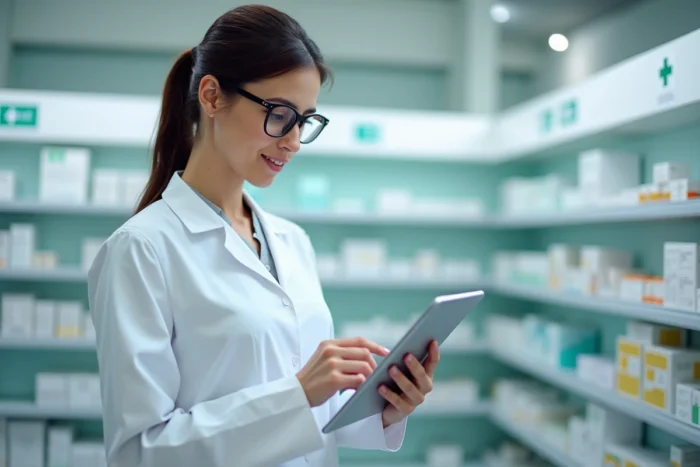 Pharmacienne en blouse blanche consultant une tablette numérique avec les dernières données pharmaceutiques dans une pharmacie moderne