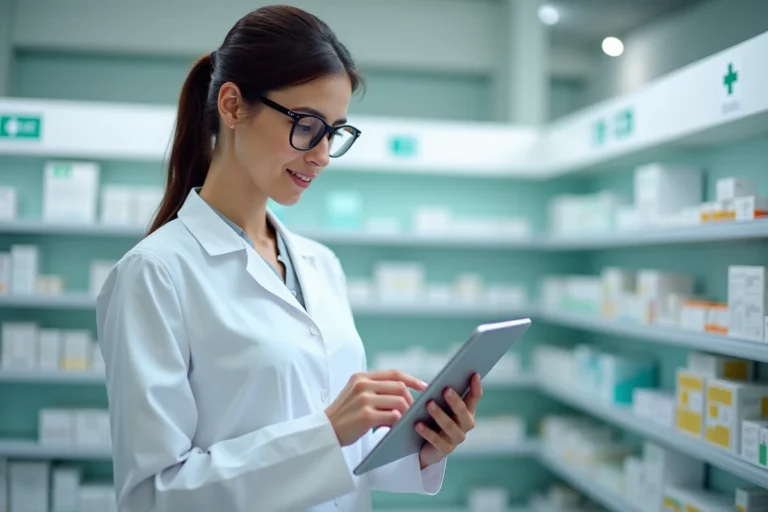 Pharmacienne en blouse blanche consultant une tablette numérique avec les dernières données pharmaceutiques dans une pharmacie moderne