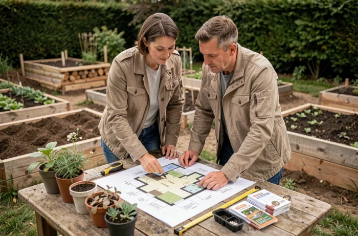 Couple planifiant l'aménagement paysager de leur jardin extérieur avec un plan dessiné à la main et des échantillons de plantes