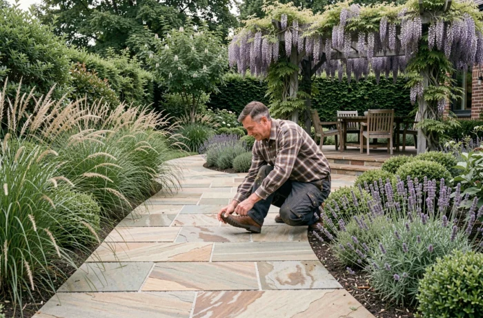 Homme posant des dalles en pierre naturelle sur un chemin de jardin aménagé avec des graminées ornementales et de la lavande