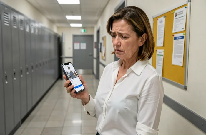 Employée La Poste rencontrant un problème de connexion à l'espace habillement sur smartphone