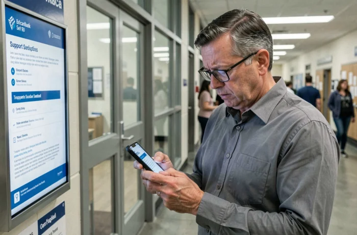 Professeur consultant le service d'assistance technique MyCampus EduServices en urgence dans un couloir universitaire