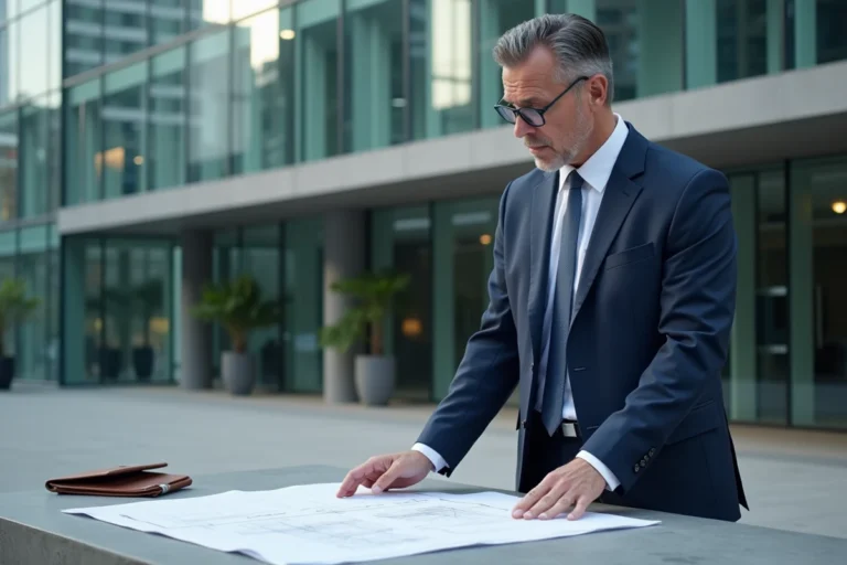 Professionnel de l'immobilier devant un immeuble de bureaux moderne analysant des plans architecturaux, illustrant le modèle OPCO PROPCO en immobilier d'entreprise