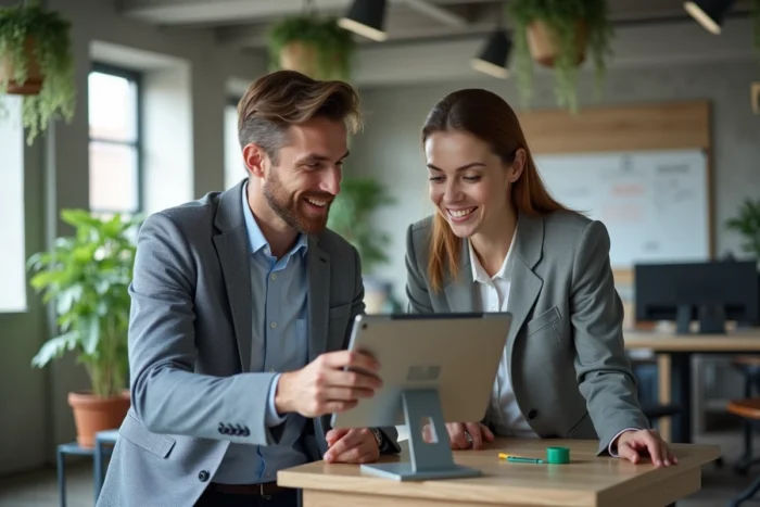 Deux professionnels de l'immobilier consultant le portail syndic Orchestrav2 sur une tablette dans un espace de coworking