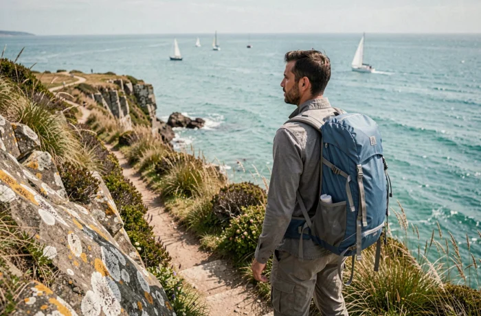 Randonneur au bord d'une falaise côtière contemplant la mer turquoise lors d'un voyage en 2024