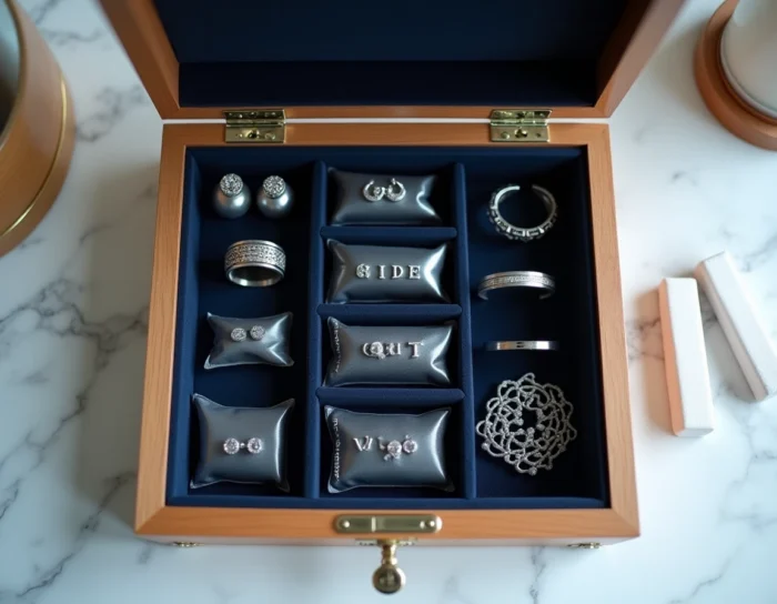Bijoux en argent rangés dans des sachets anti-ternissement et une boîte à bijoux en velours pour préserver leur éclat et éviter le noircissement