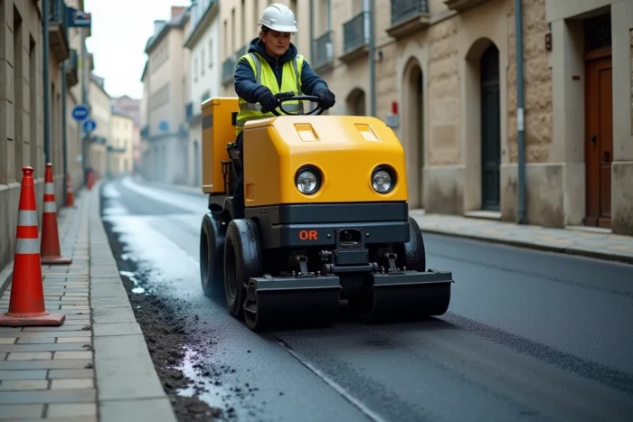 Machine de réparation appliquant de l'enrobé bitumineux sur une voirie communale rénovée