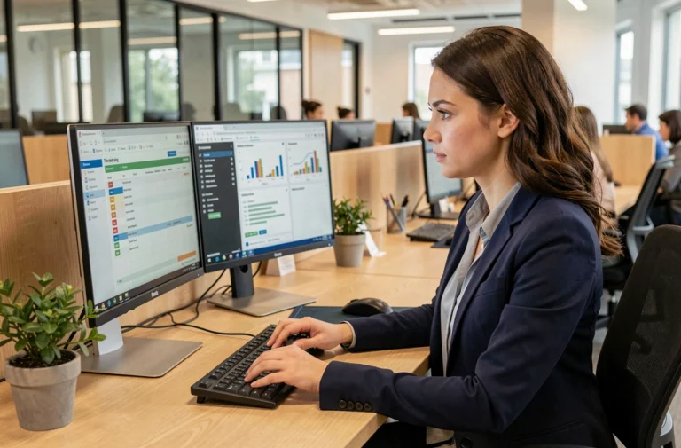 Responsable de formation consultant le suivi de résultats d'apprenants en alternance sur Net Ypareo dans un bureau administratif moderne