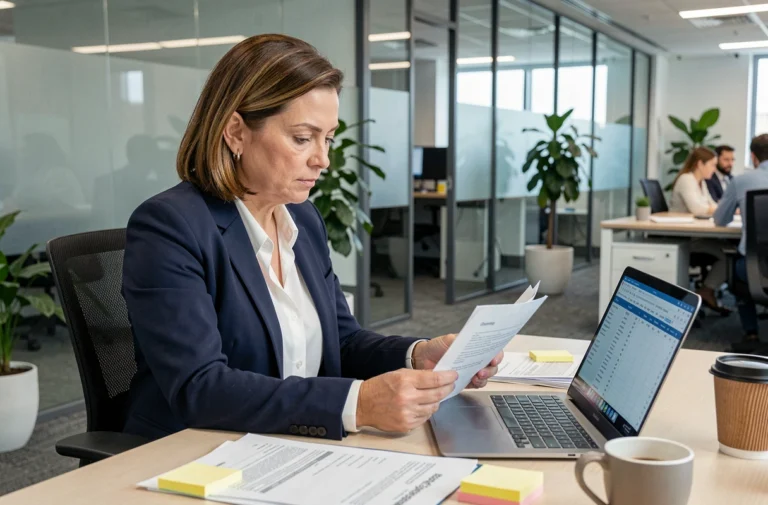 Responsable RH en entreprise analysant des documents de prévoyance collective et des contrats d'assurance sur son bureau