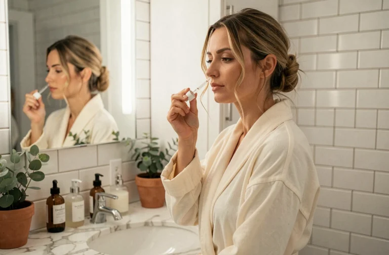 Femme appliquant un sérum sur son visage devant un miroir de salle de bain marbre, routine beauté skincare quotidienne