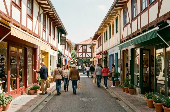 Rue commerçante animée de Dancharia avec boutiques ouvertes le dimanche et panneaux d'horaires visibles sur les devantures