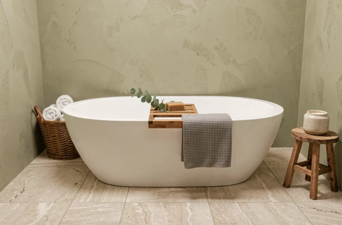 Salle de bain transformée en espace bien-être zen avec baignoire îlot, plateau en bois naturel, branche d'eucalyptus et carrelage en travertin