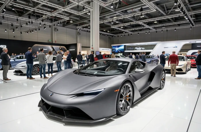 Salon international de l'automobile avec concept cars exposés sur sol blanc brillant, visiteurs explorant les nouveautés constructeurs