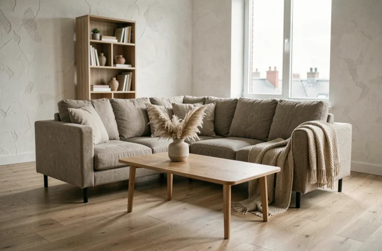 Salon moderne au style scandinave avec canapé en lin beige, table basse en bois clair et décoration minimaliste tendance