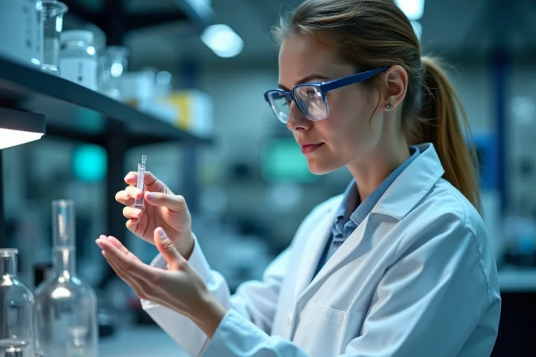 Scientifique examinant une puce électronique transparente dans un laboratoire de recherche technologique moderne