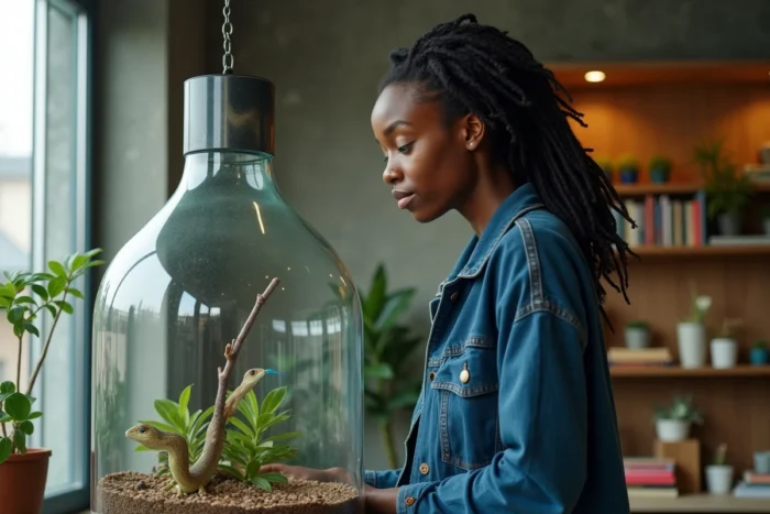 Personne non-binaire observant un scinque à langue bleue dans un terrarium, symbole xénogenre dans un appartement moderne