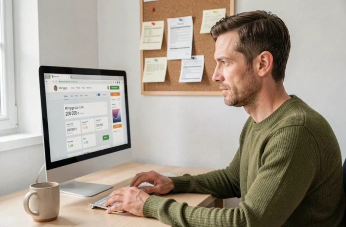 Homme utilisant un simulateur de crédit immobilier en ligne pour calculer le salaire nécessaire pour emprunter 200 000 euros