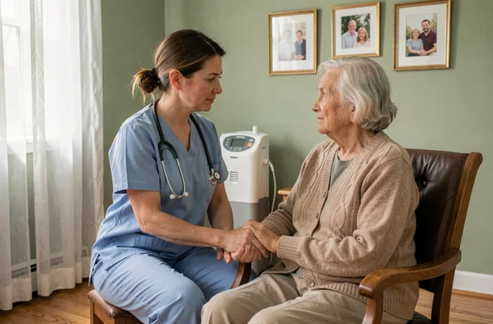 Soignante tenant la main d'une patiente âgée atteinte d'insuffisance cardiaque en soins palliatifs à domicile