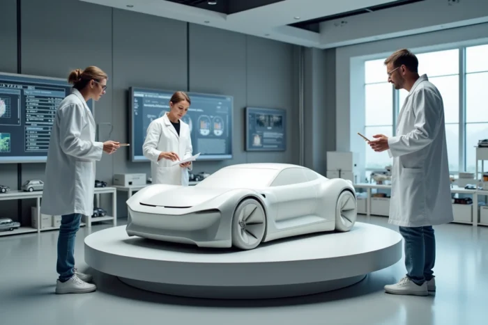 Studio de design automobile avec deux designers étudiant une maquette en argile de futur concept car entouré d'écrans numériques