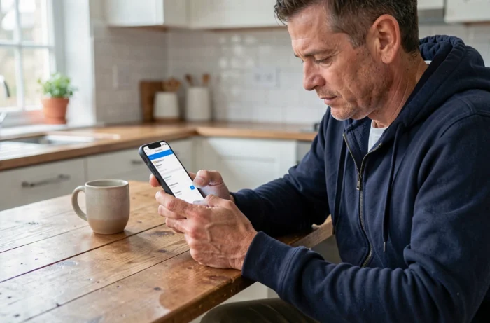 Homme suivant l'état de son envoi Mondial Relay sur son smartphone depuis chez lui